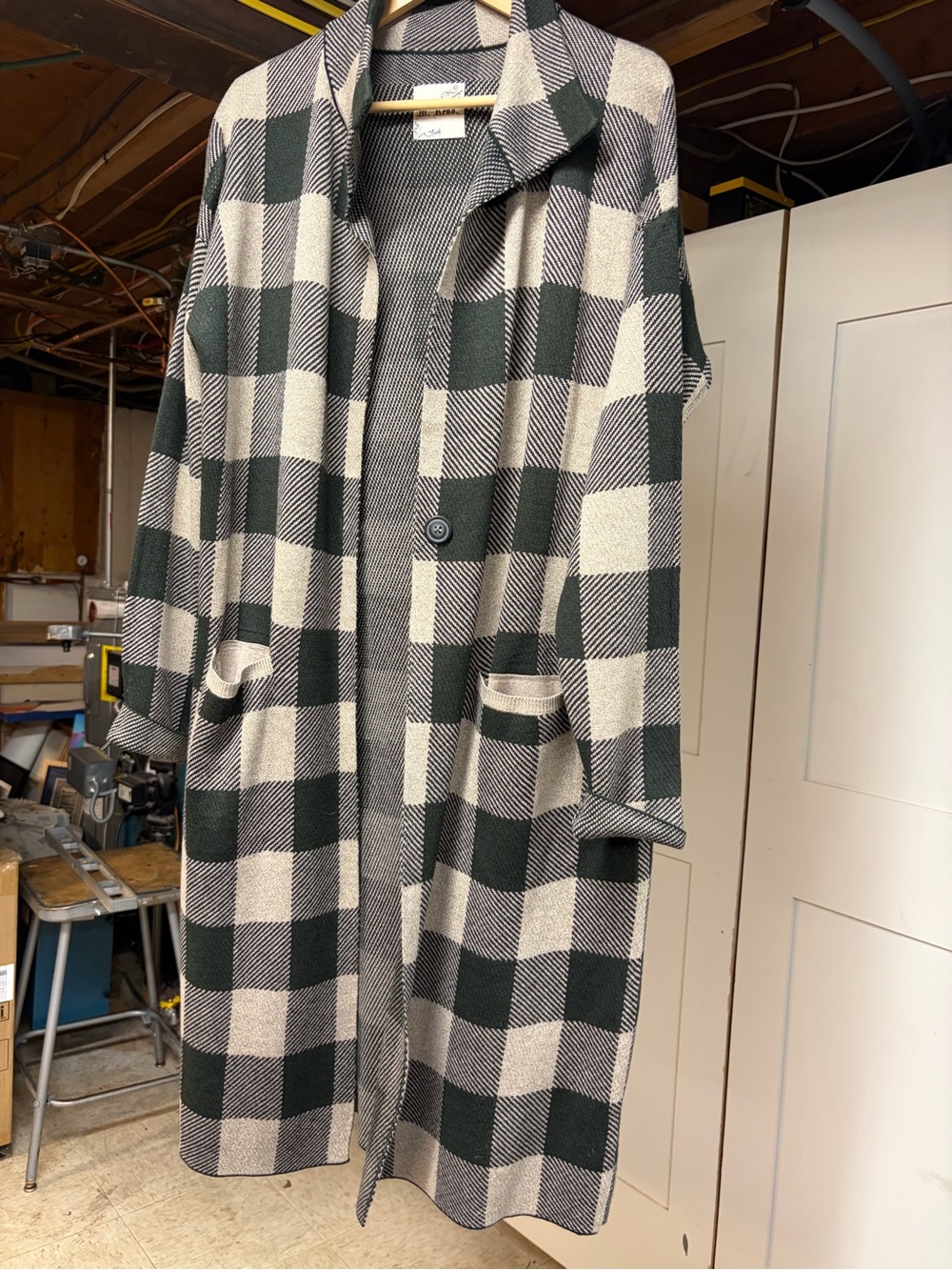 Plaid Single-Button Trench Coat in Black & Cream